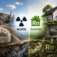 Illustration zum Thema Radon: Links ein Steinbruch mit einem Felsbrocken mit der Aufschrift „NORM“ für natürlich vorkommende radioaktive Materialien; rechts ein Wohnhaus mit dem Radon-Symbol „Rn“. Pfeile zeigen, wie Radon aus dem Boden in das Gebäude aufsteigen kann.