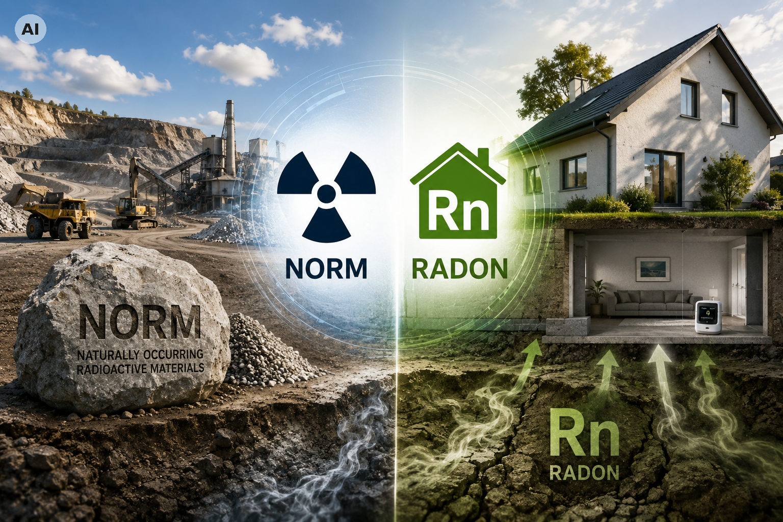 GPT_NORM-Radon_gekennzeichnet Illustration zum Thema Radon: Links ein Steinbruch mit einem Felsbrocken mit der Aufschrift „NORM“ für natürlich vorkommende radioaktive Materialien; rechts ein Wohnhaus mit dem Radon-Symbol „Rn“. Pfeile zeigen, wie Radon aus dem Boden in das Gebäude aufsteigen kann.